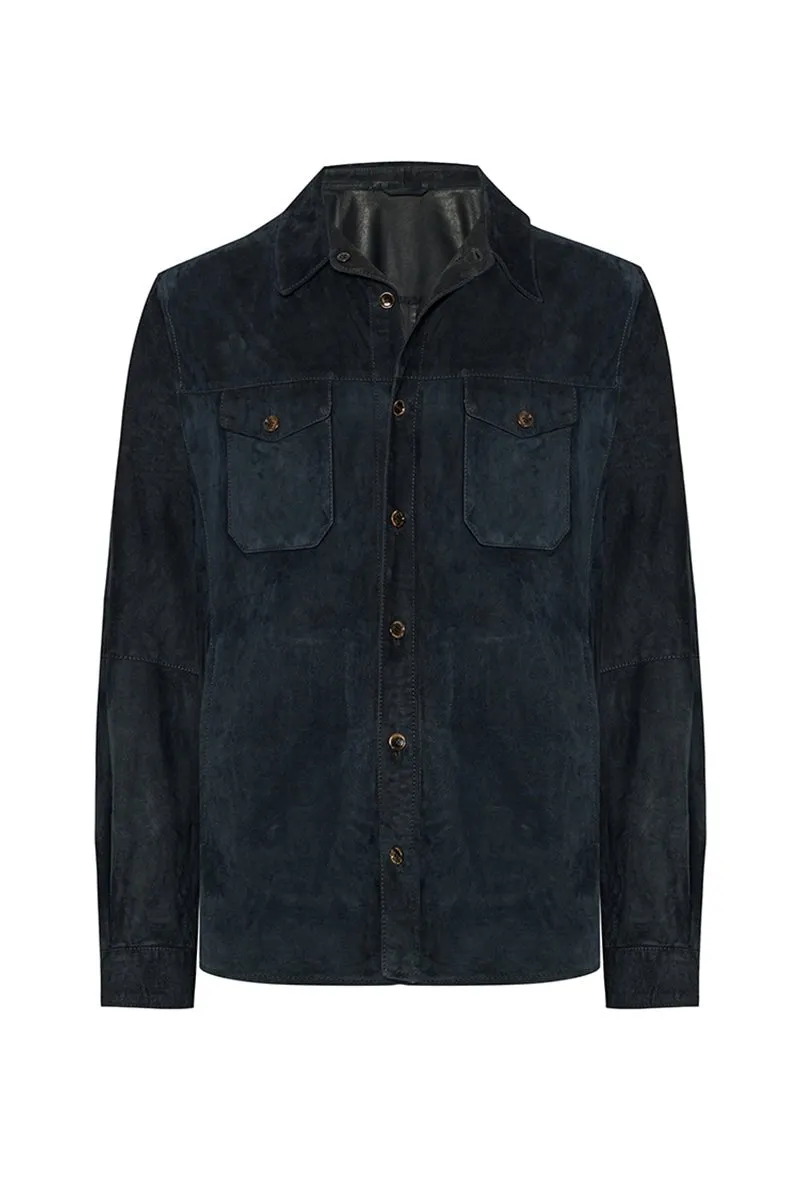 Adrien Men's Suede Leather Overshirt - Navy Blue