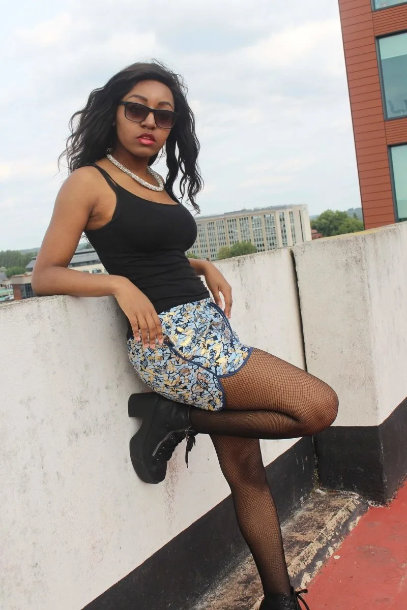 African Print Shorts in Blue Gold Ankara Print - Festival Shorts