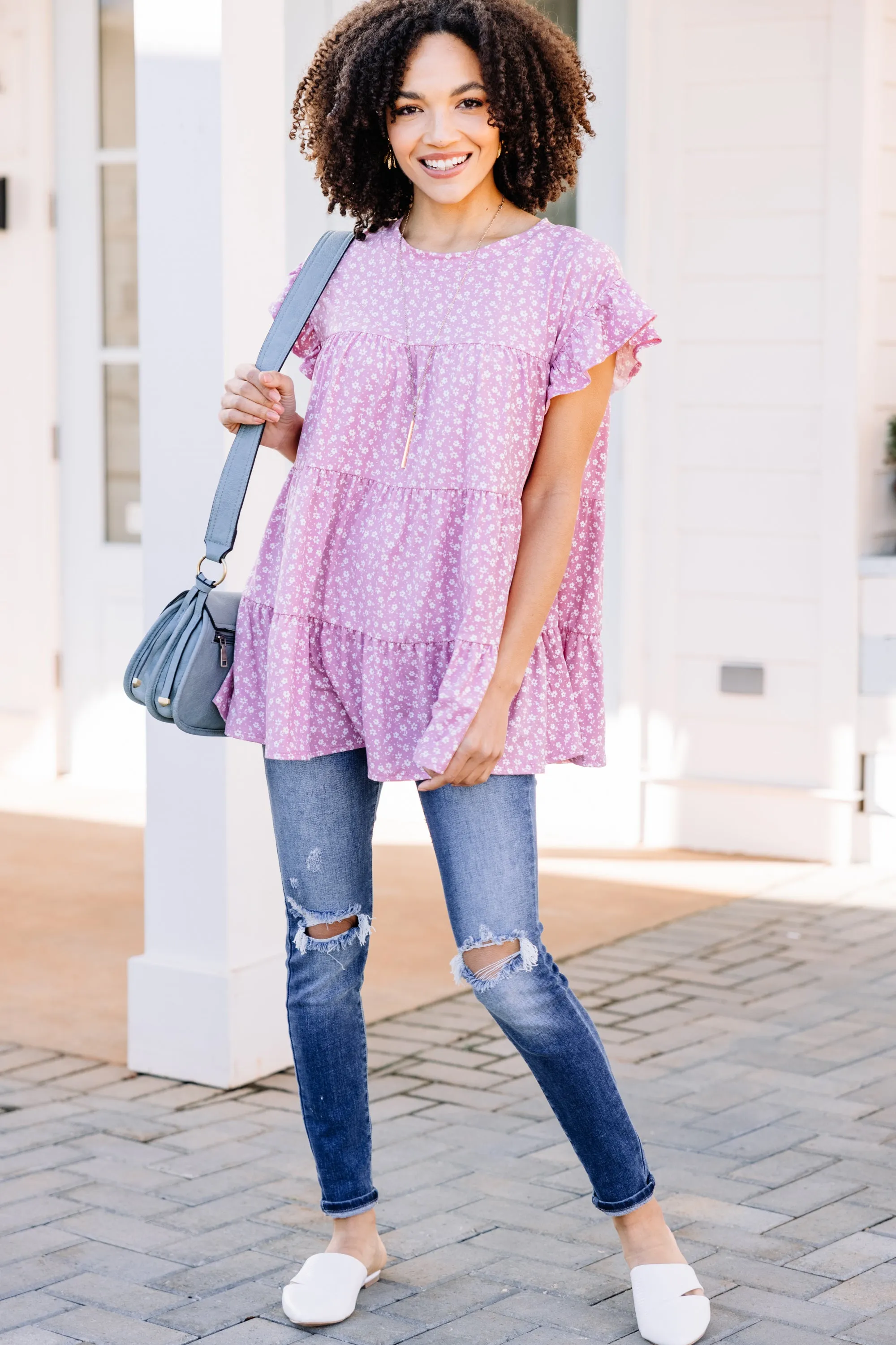 Along For The Ride Blush Pink Ditsy Floral Babydoll Top