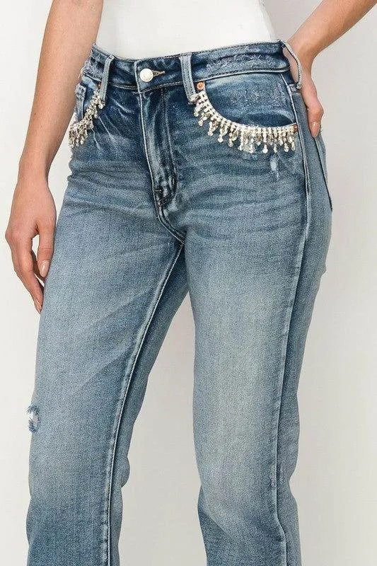 Artemis Vintage High Rise Crystal Embellished Crop Straight Jeans In Medium