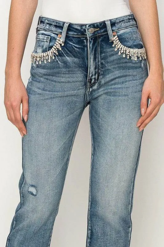 Artemis Vintage High Rise Crystal Embellished Crop Straight Jeans In Medium