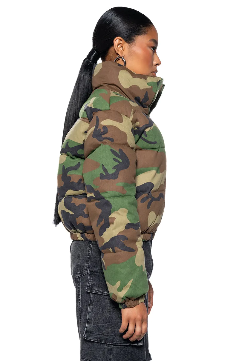 AZALEA WANG MIDTOWN PUFFER IN GREEN CAMO