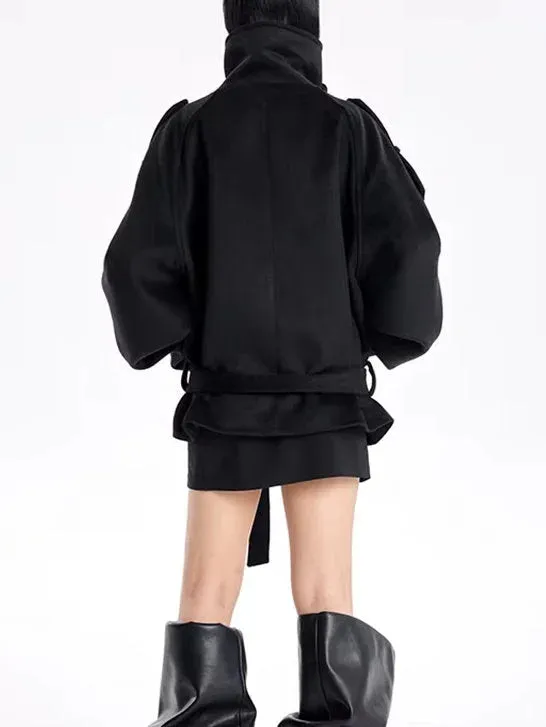 Belted Oversize High-Collar Jacket in Black