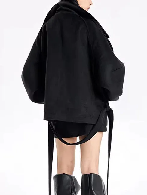 Belted Oversize High-Collar Jacket in Black