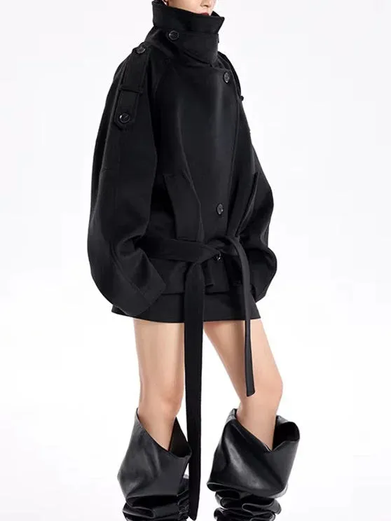 Belted Oversize High-Collar Jacket in Black