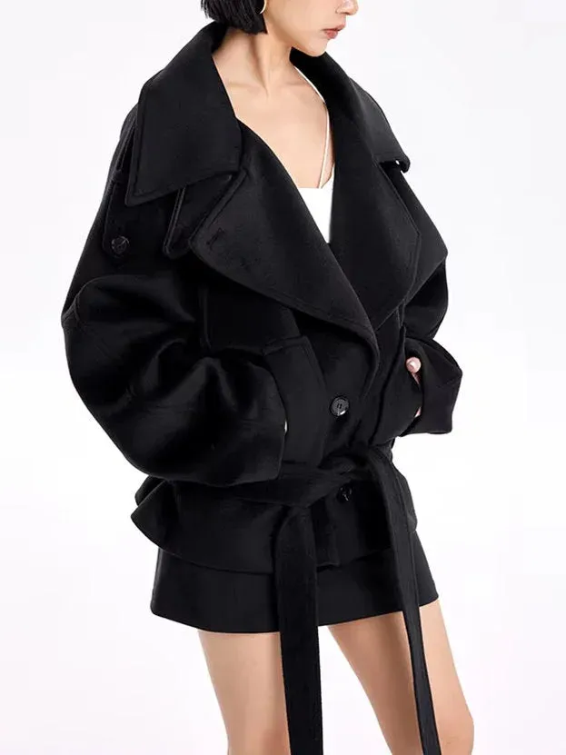 Belted Oversize High-Collar Jacket in Black