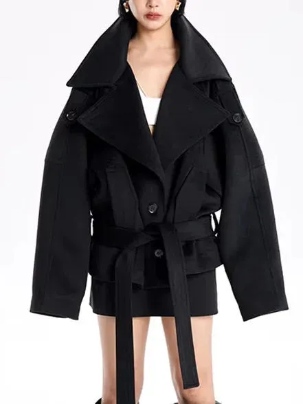 Belted Oversize High-Collar Jacket in Black