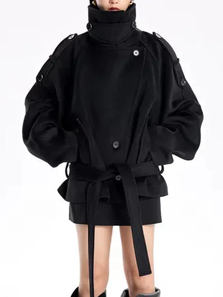 Belted Oversize High-Collar Jacket in Black