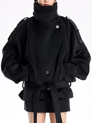 Belted Oversize High-Collar Jacket in Black