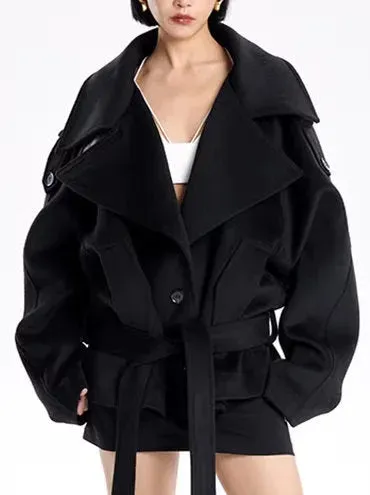 Belted Oversize High-Collar Jacket in Black