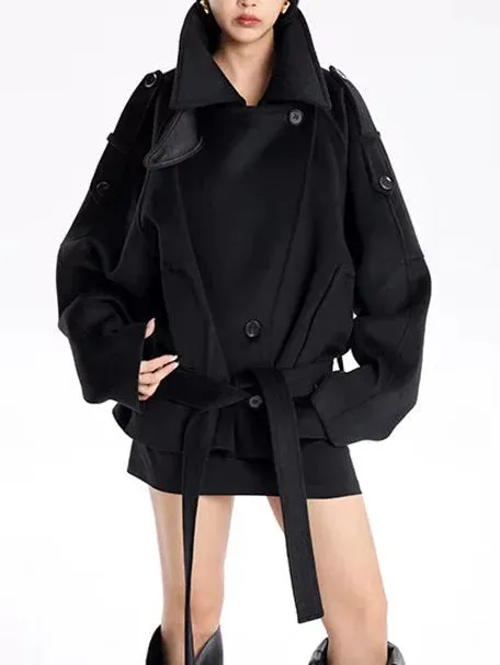 Belted Oversize High-Collar Jacket in Black