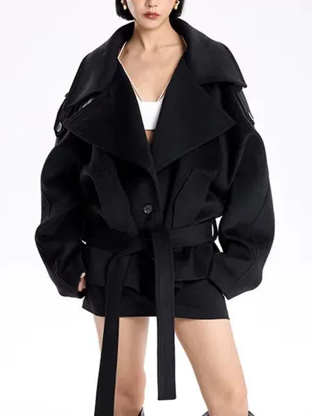 Belted Oversize High-Collar Jacket in Black