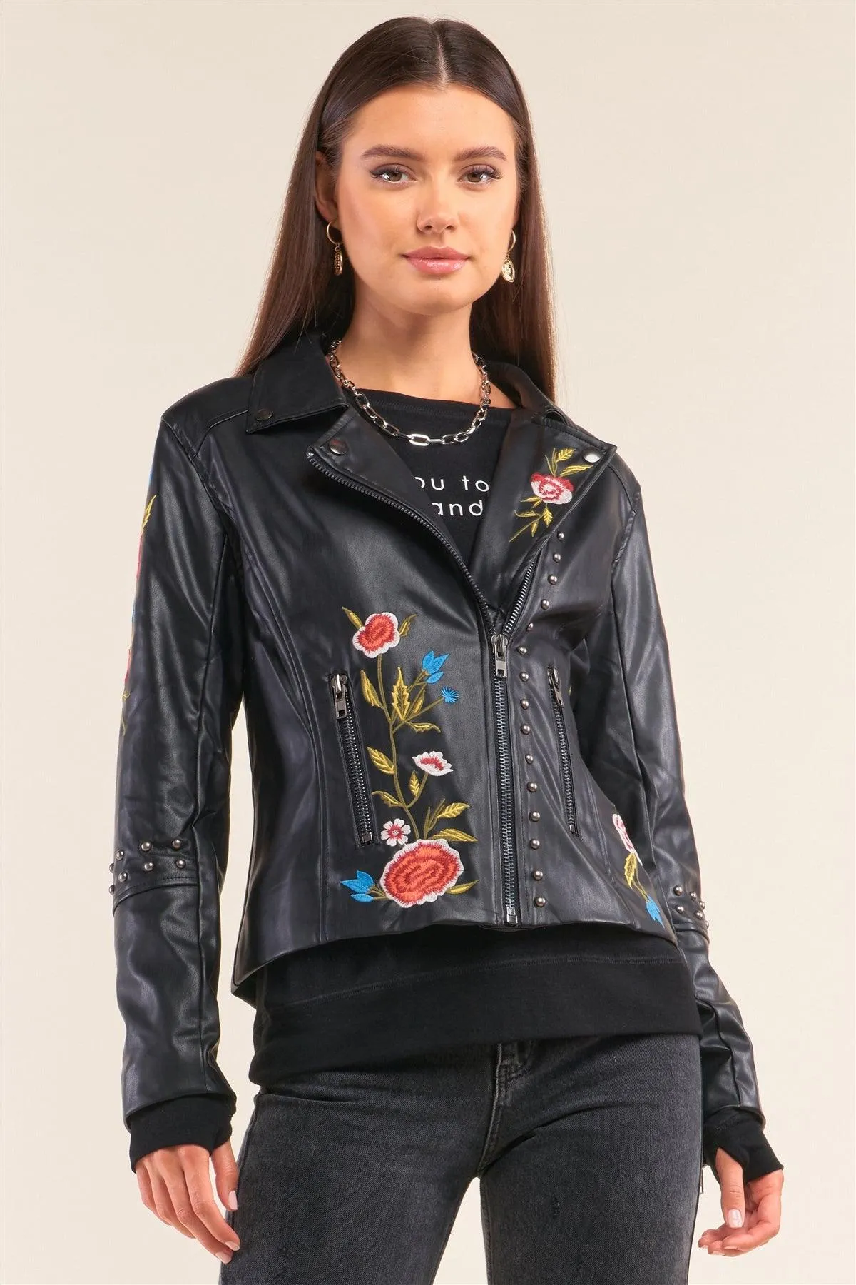 Black Metal Beads Detail Floral Embroidery Long "Tattooed" Sleeve Vegan Leather Jacket /2-2-2