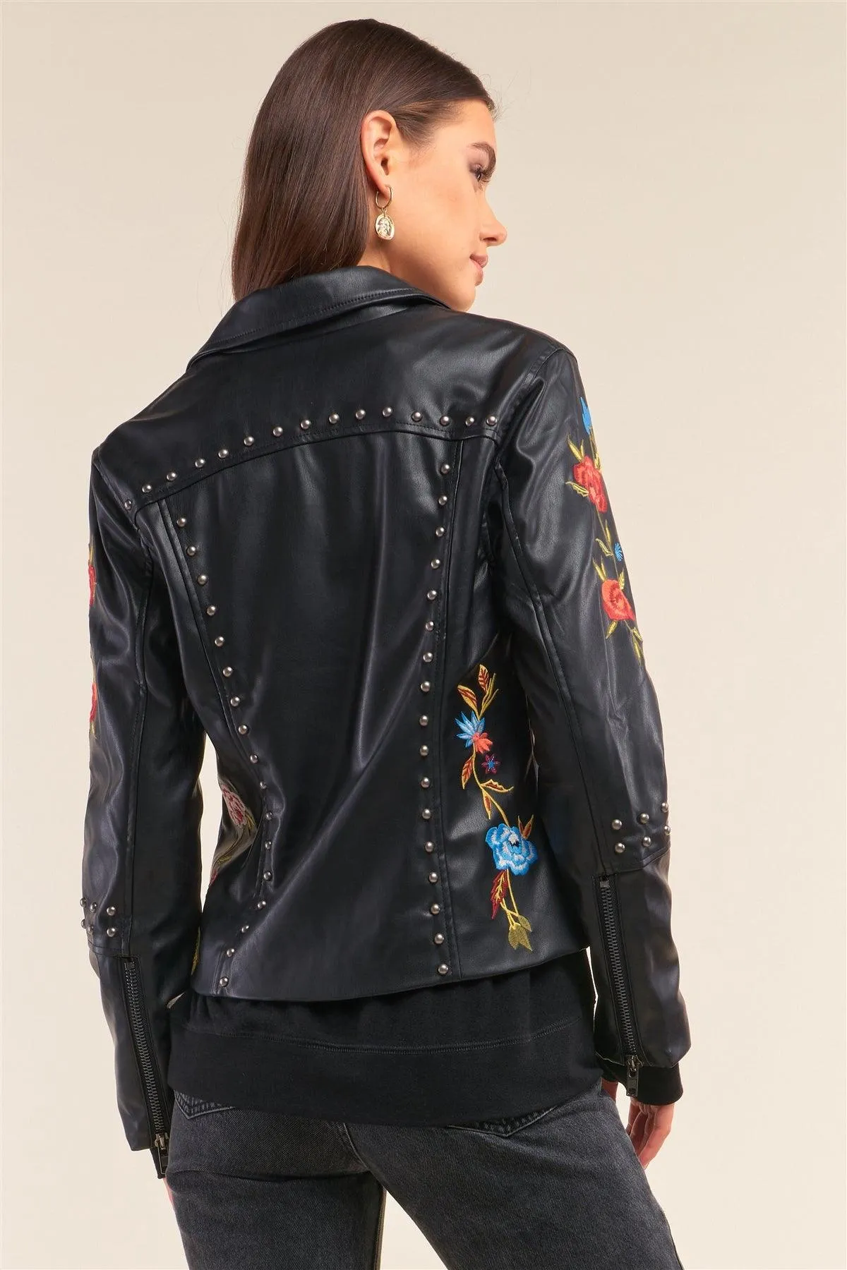 Black Metal Beads Detail Floral Embroidery Long "Tattooed" Sleeve Vegan Leather Jacket /2-2-2