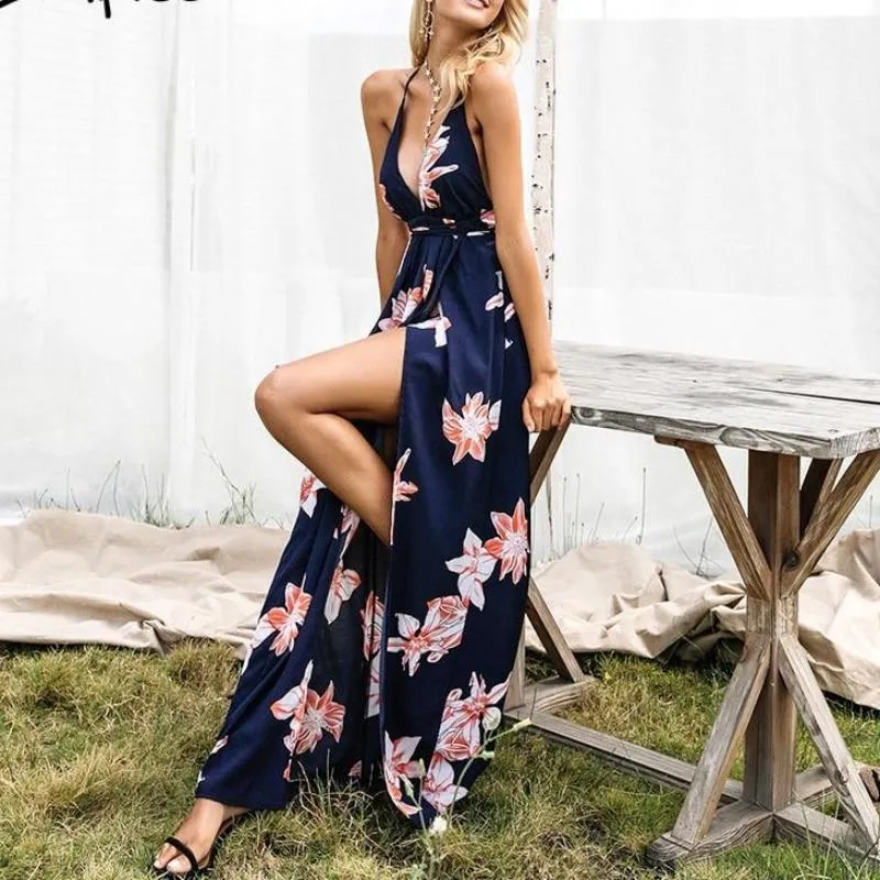 Boho Deep V Neck Backless Sexy Dress