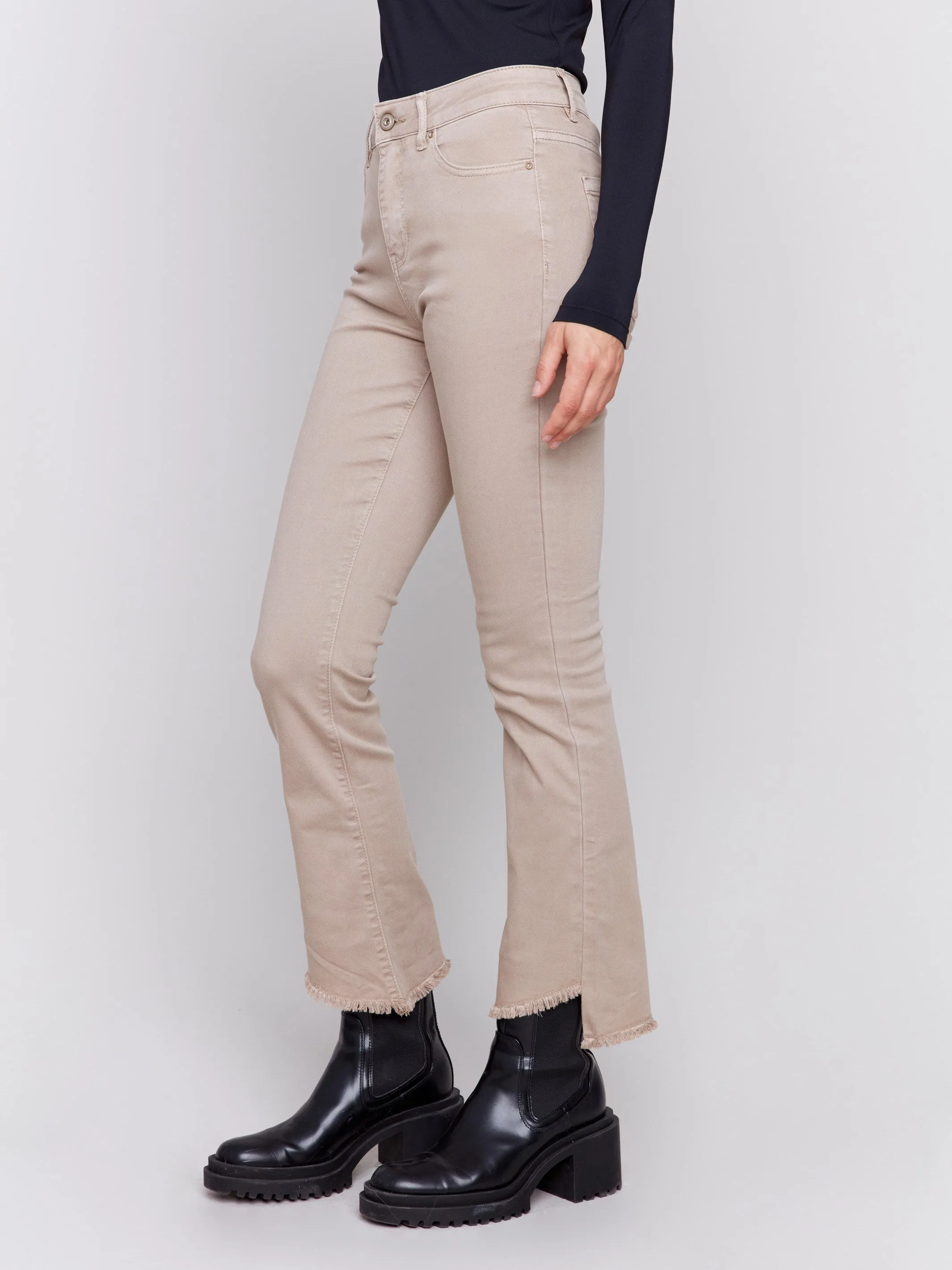 Bootcut Twill Pants with Asymmetrical Hem - Almond