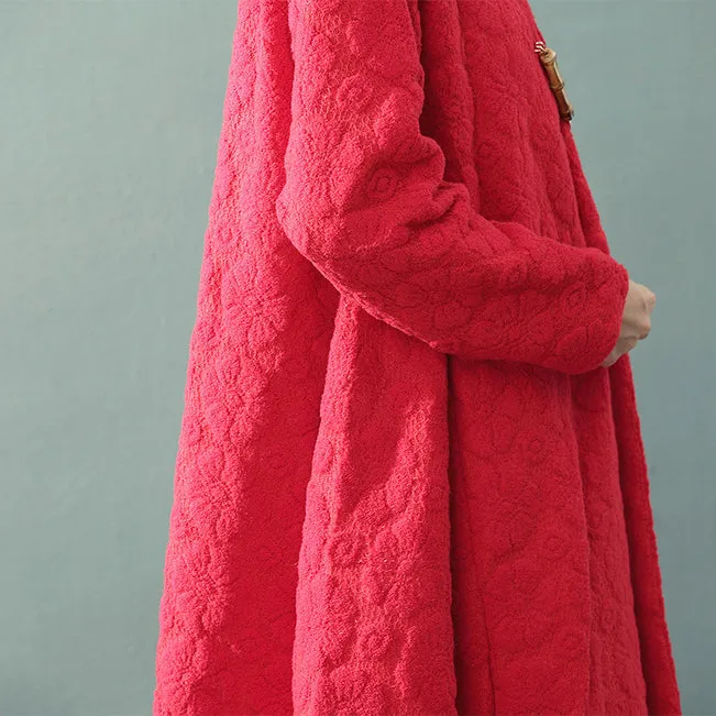 boutique red maxi coat trendy plus size V neck baggy Coats fine Jacquard wool coat