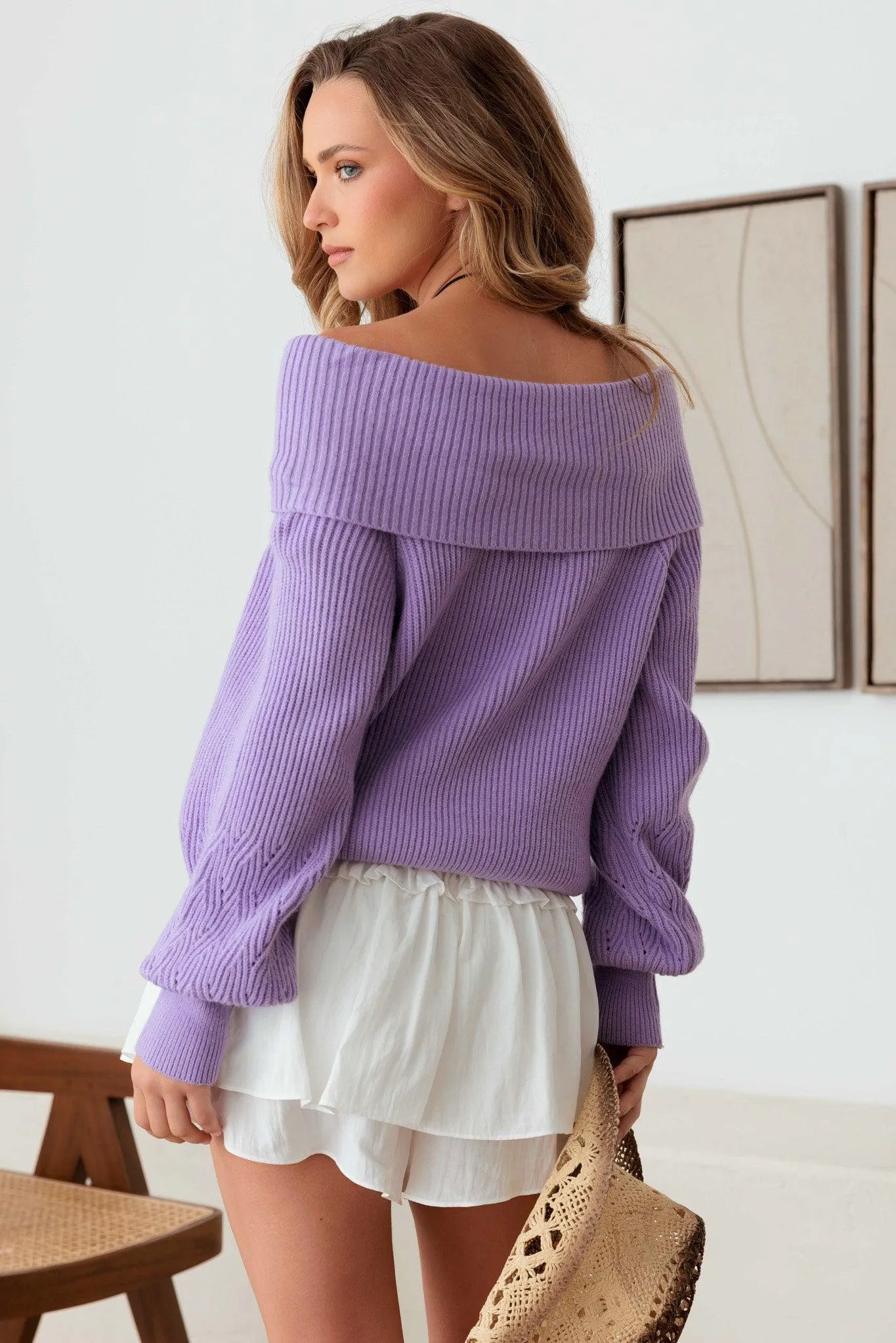 Cable Pattern Off Shoulder Long Sleeve Sweater