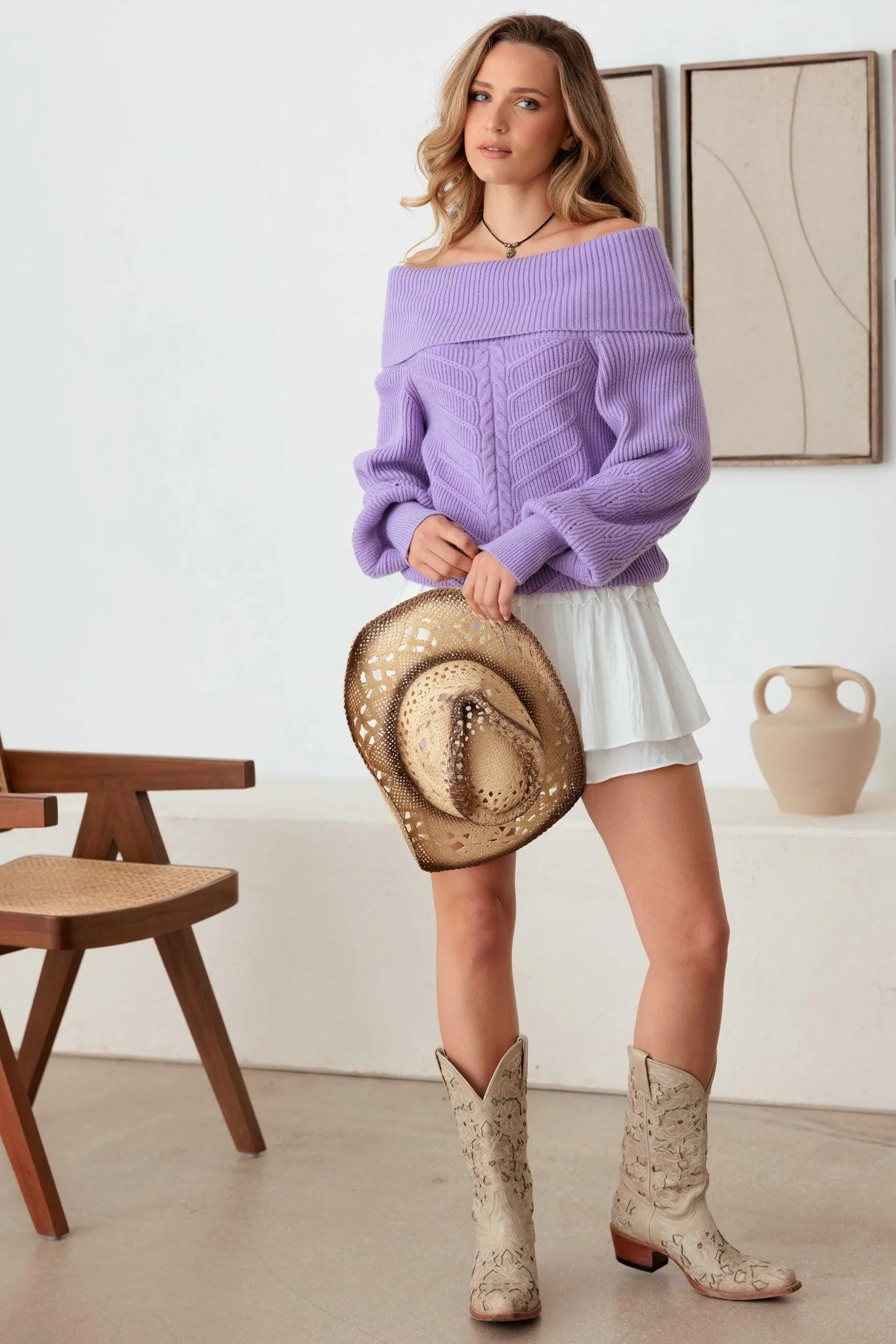 Cable Pattern Off Shoulder Long Sleeve Sweater