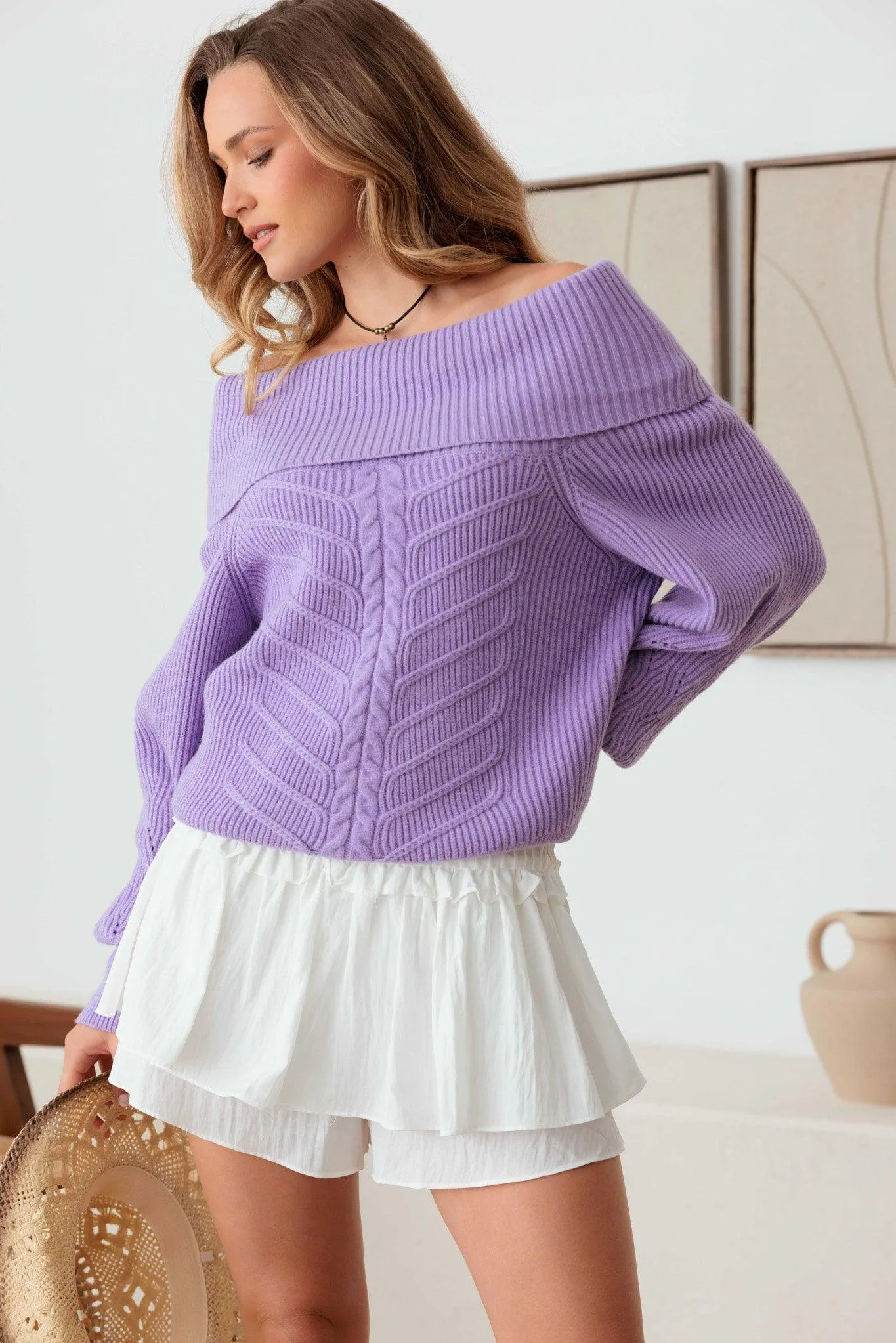 Cable Pattern Off Shoulder Long Sleeve Sweater