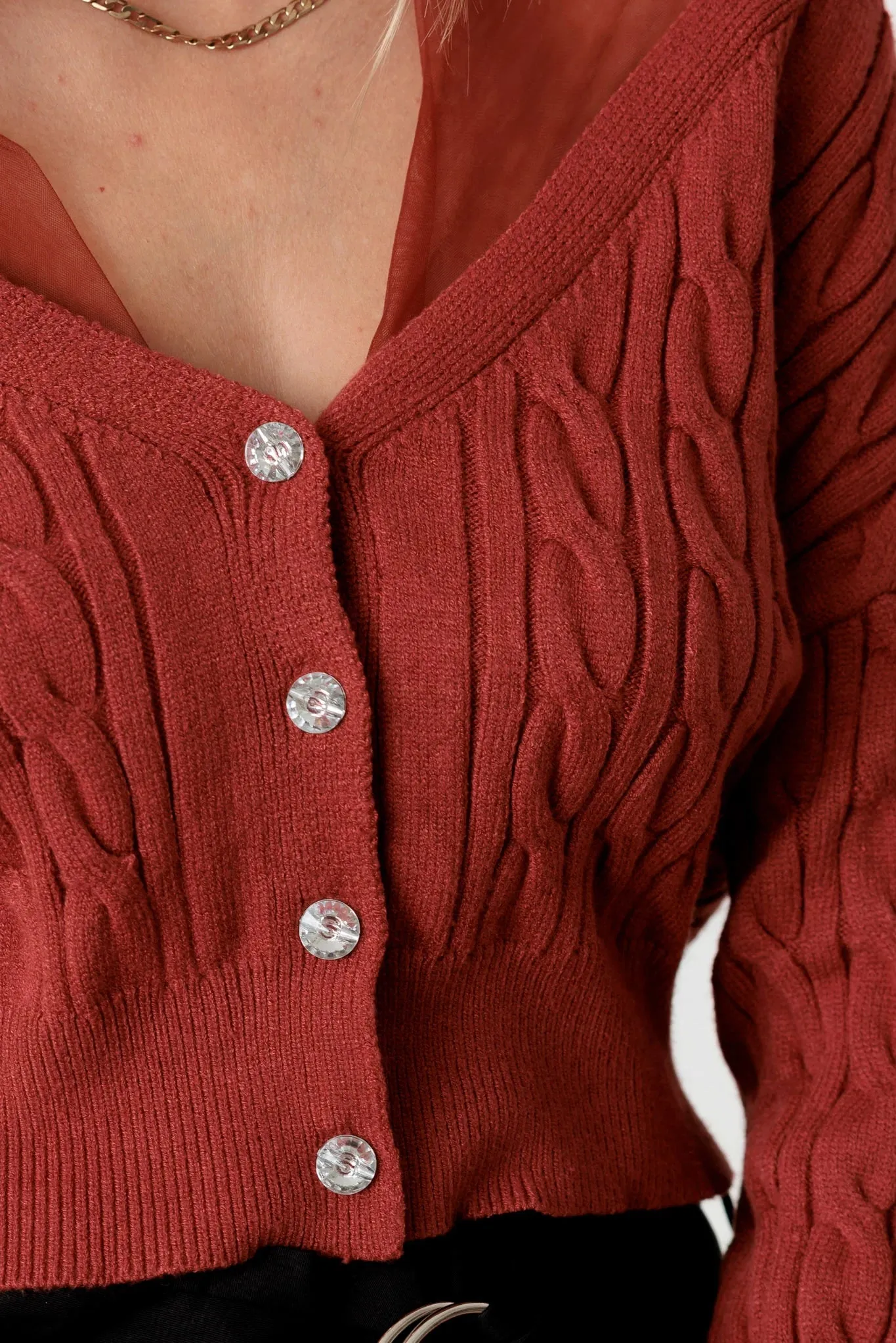 Cable Rhinestone Button-Up Long Sleeve Sweater