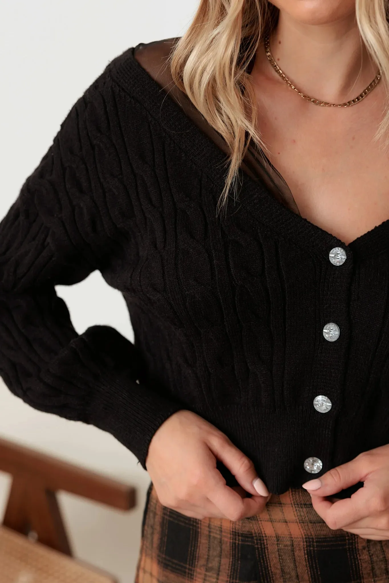 Cable Rhinestone Button-Up Long Sleeve Sweater