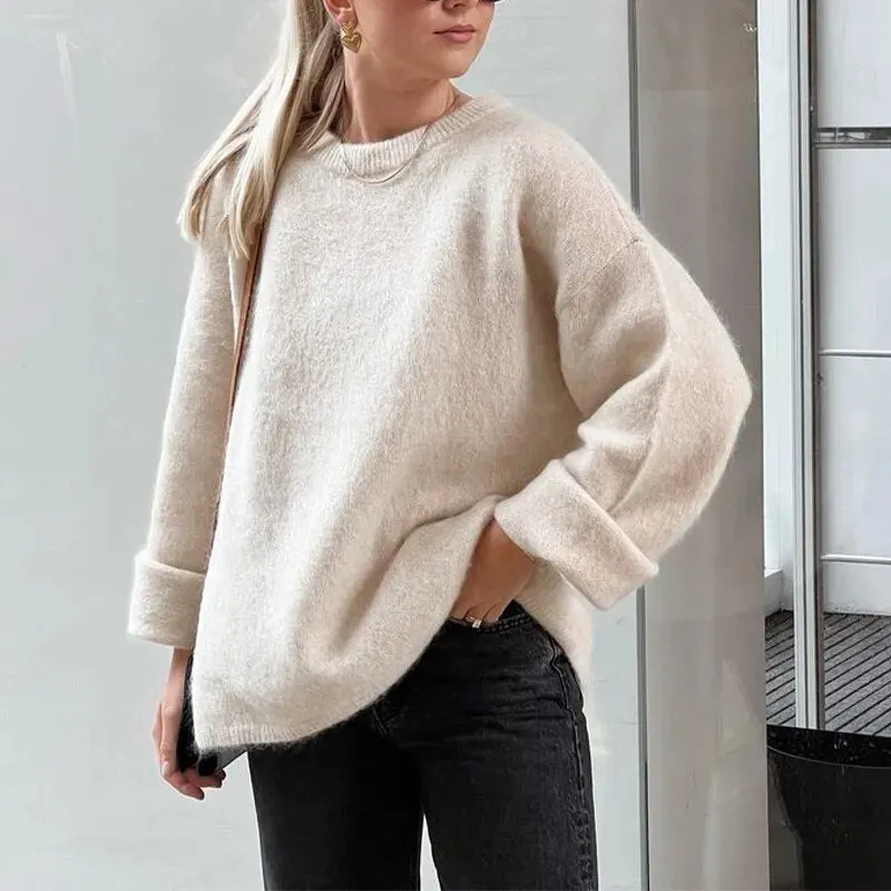 Casual Long Flare Women Sweater Autumn O-neck Hairy Knits Female Pullover Sweaters 2023