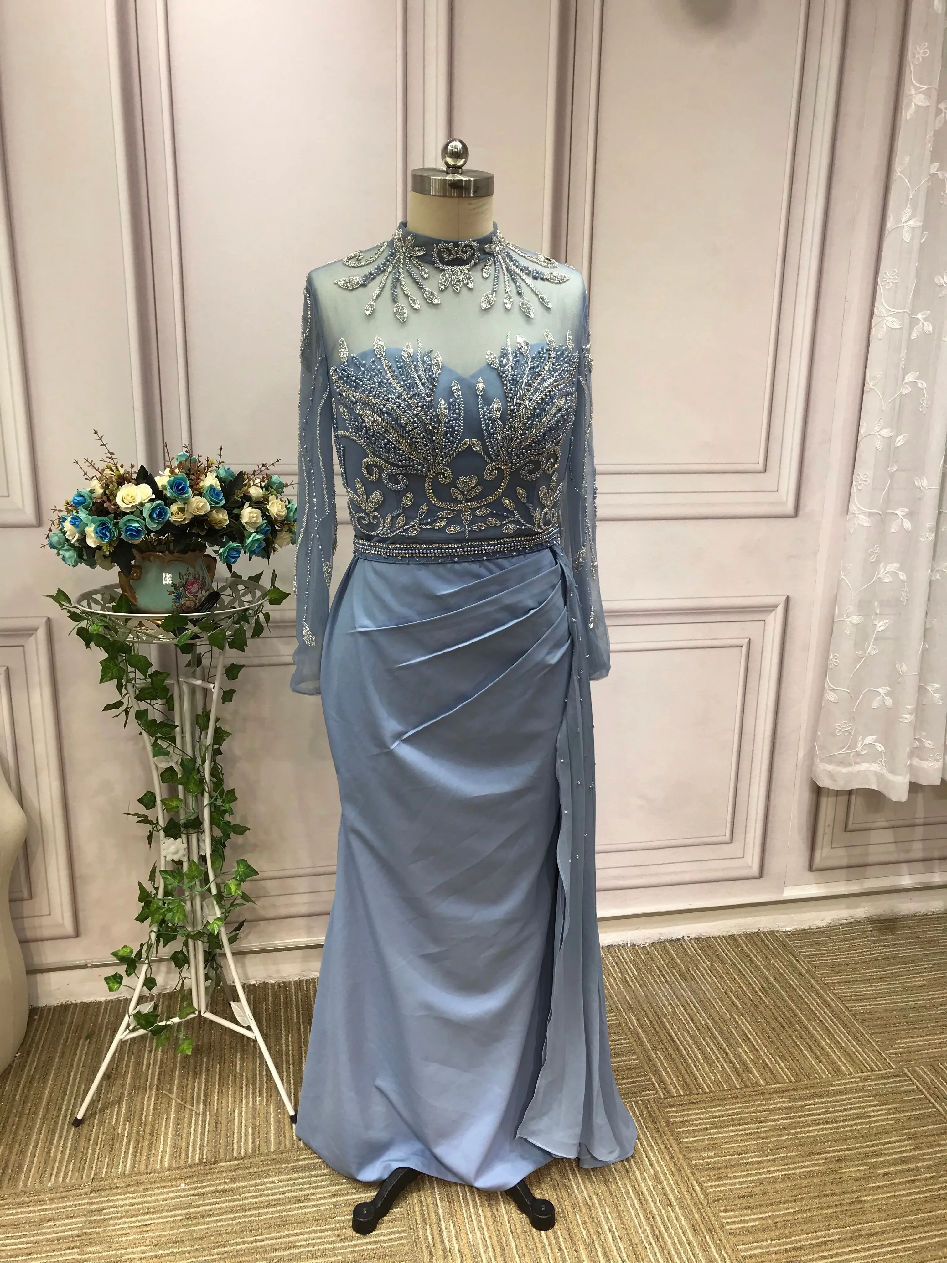 Chic handmade beaded dusty blue mermaid dress,mother of the bride dress with side tail #2022824