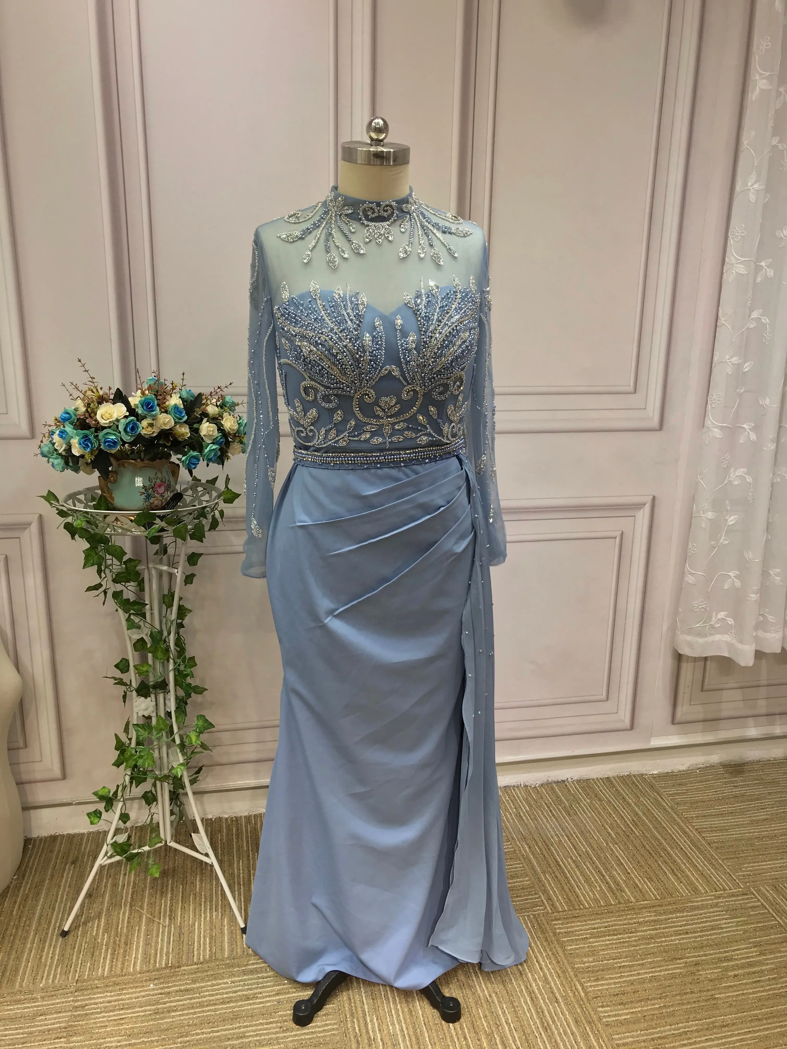 Chic handmade beaded dusty blue mermaid dress,mother of the bride dress with side tail #2022824