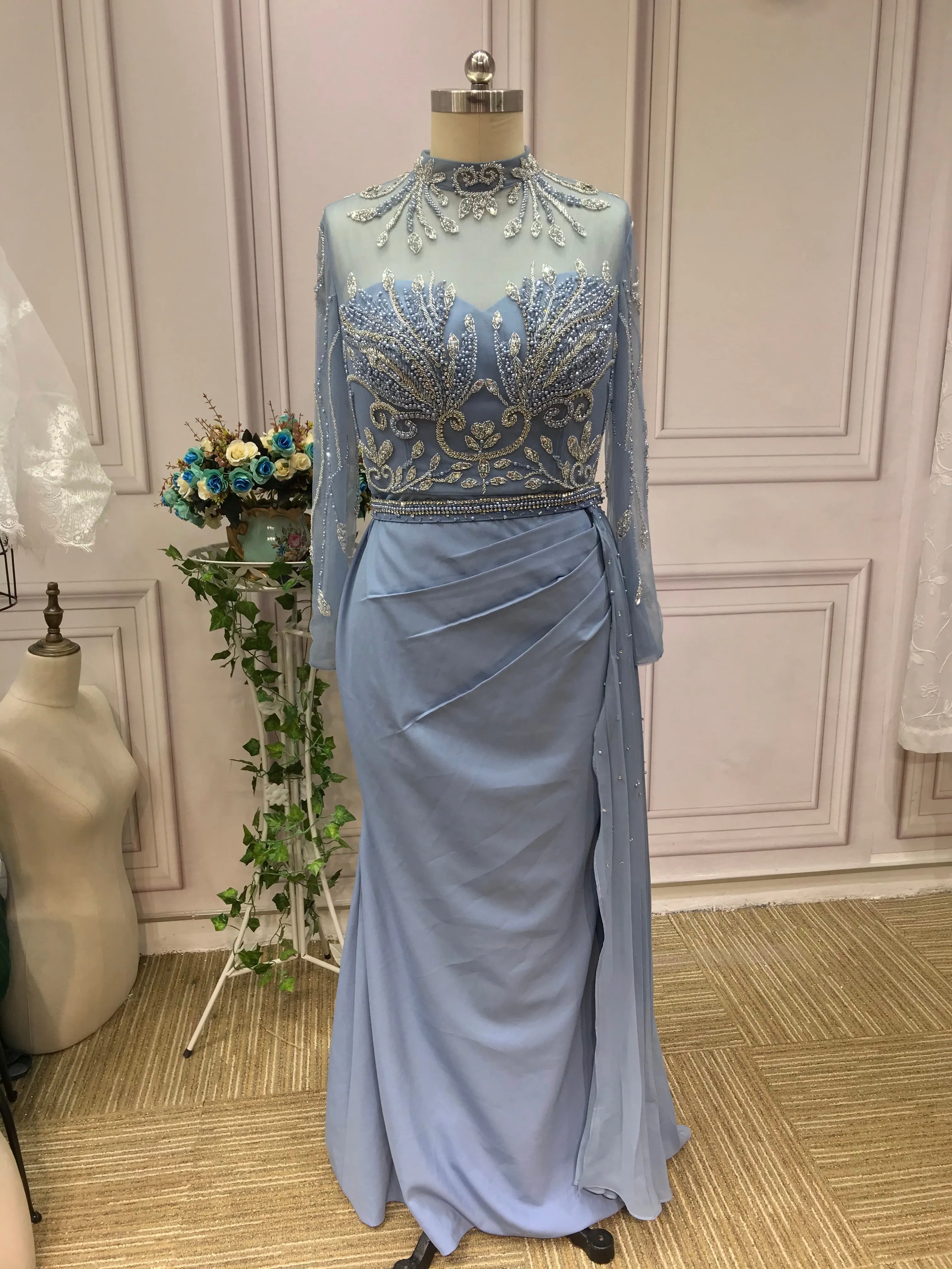 Chic handmade beaded dusty blue mermaid dress,mother of the bride dress with side tail #2022824