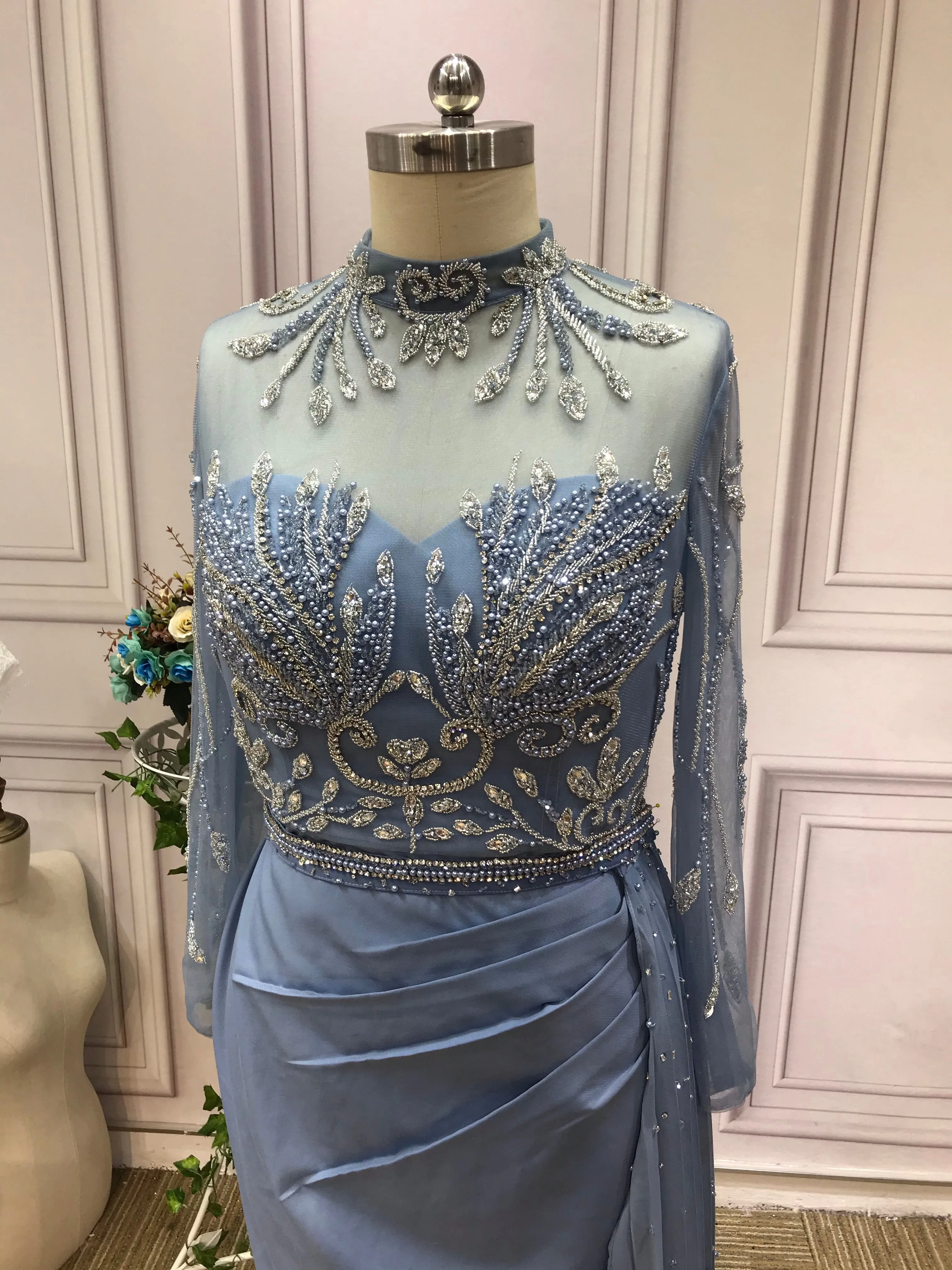 Chic handmade beaded dusty blue mermaid dress,mother of the bride dress with side tail #2022824