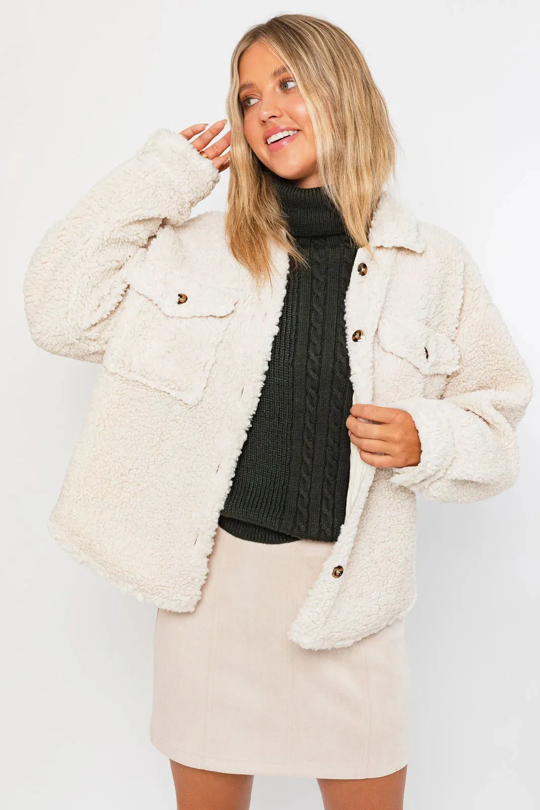 Collared Front Pocket Cozy Teddy Sherpa Shacket