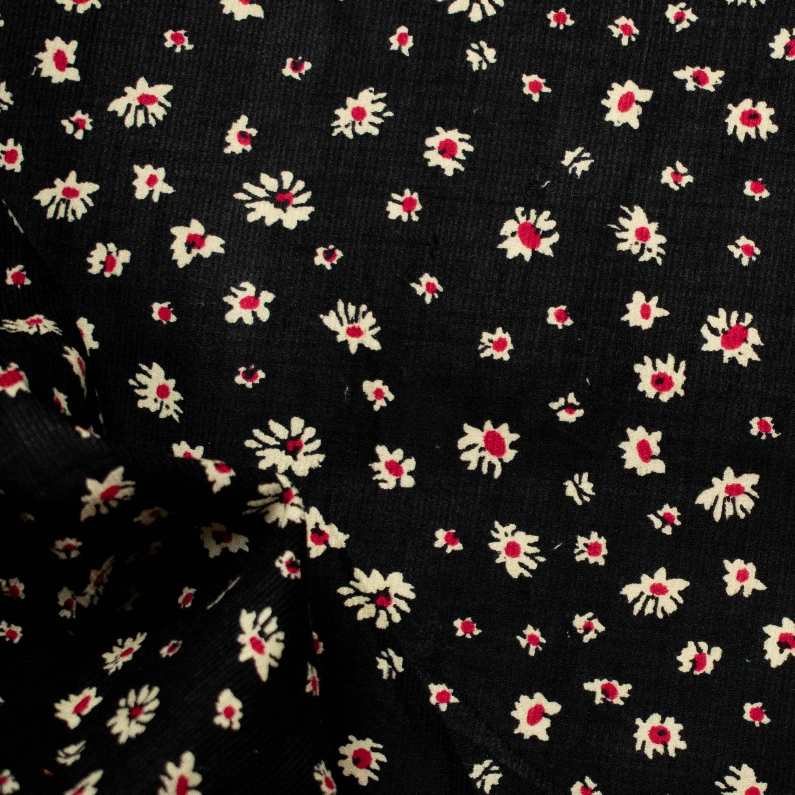 Cotton Corduroy Prints Design 3 White & Red Florals on Black