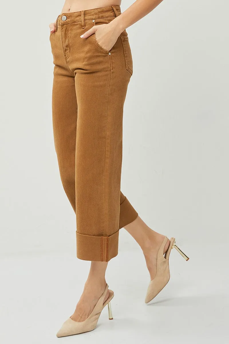 Curvy High Rise Wide Cuffed Jeans in Cappuccino