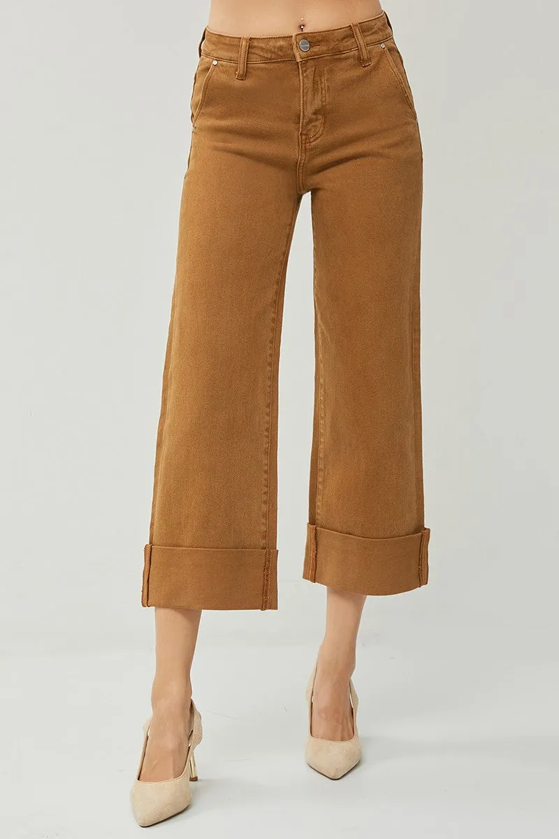 Curvy High Rise Wide Cuffed Jeans in Cappuccino