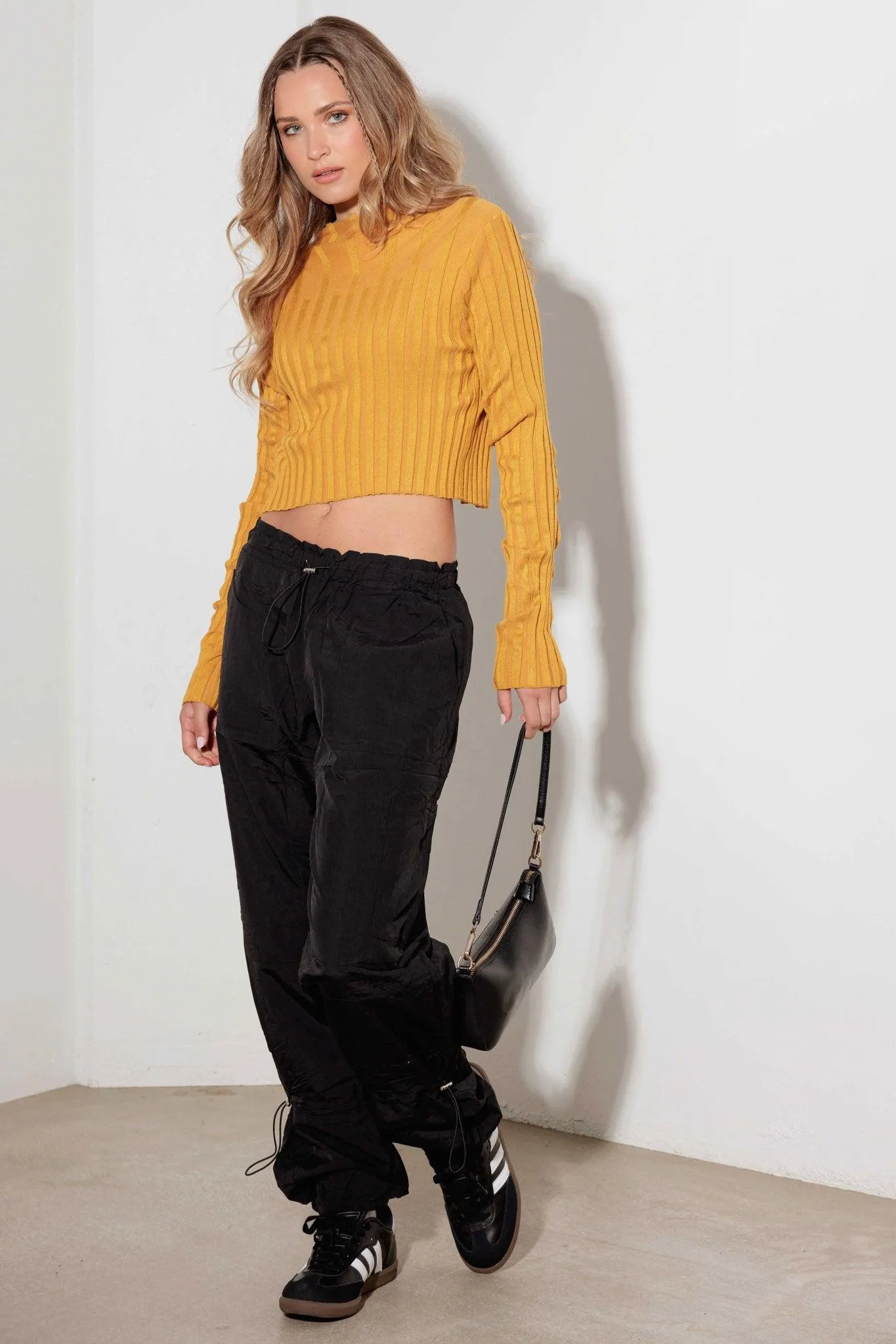 Cut Out Ribbed Pattern Long Sleeve Crop Sweater