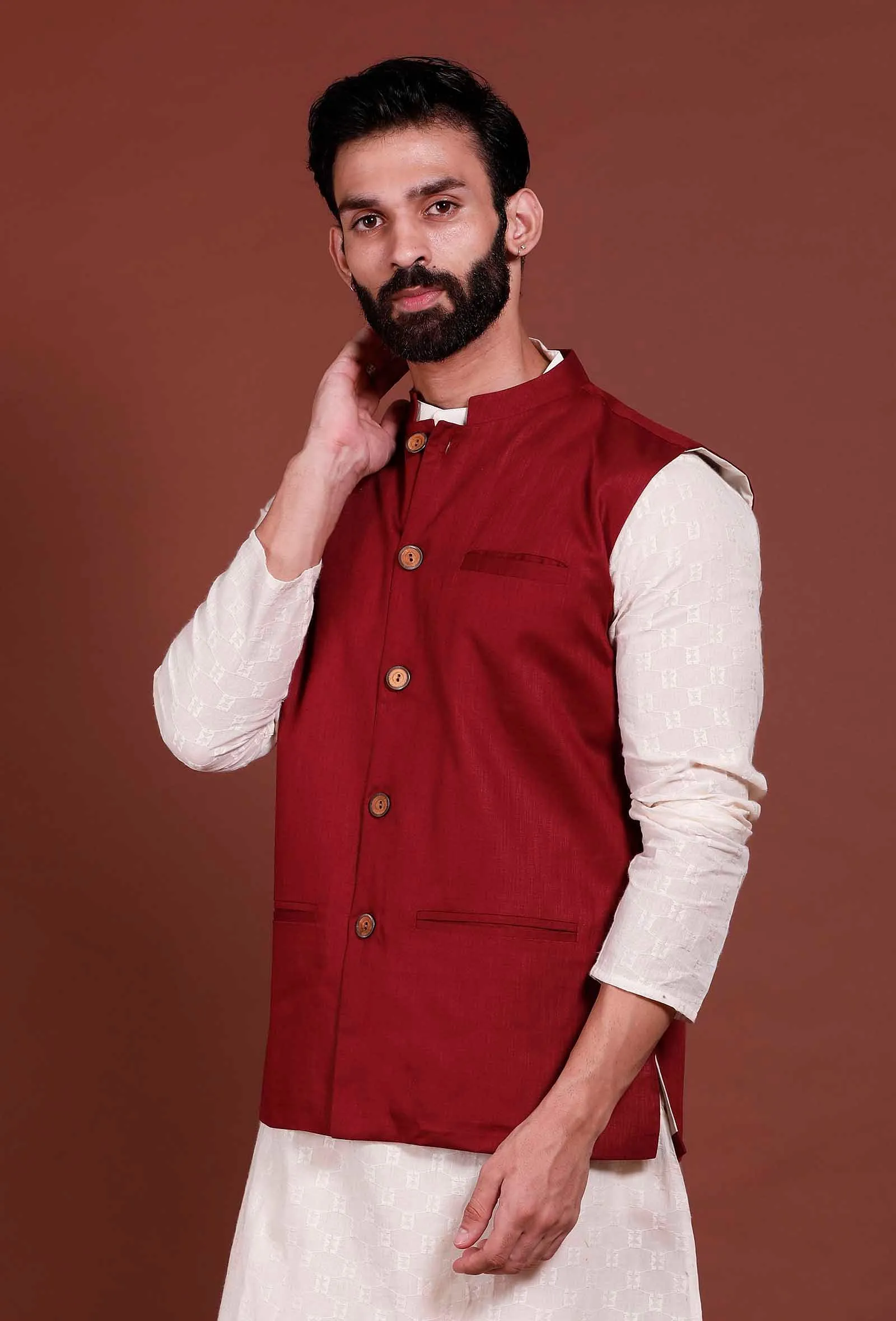 Dark Red Cotton Nehru Jacket