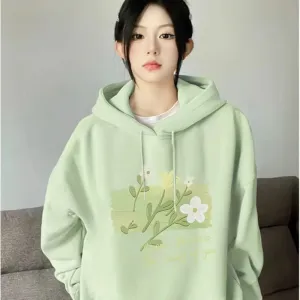 DAYIFUN Women's Korean Hoodie with Pocket Autumn Light Green Flower Printing Sweatshirts Solid Color Loose Casual Oversized Tops