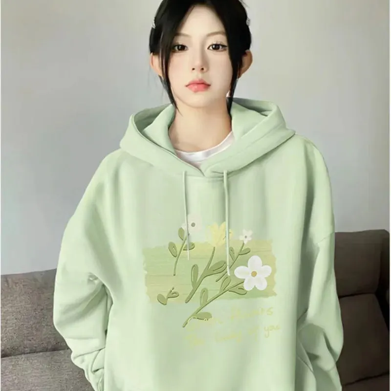 DAYIFUN Women's Korean Hoodie with Pocket Autumn Light Green Flower Printing Sweatshirts Solid Color Loose Casual Oversized Tops