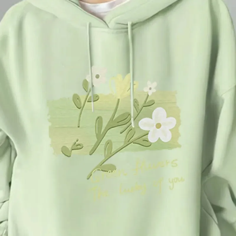 DAYIFUN Women's Korean Hoodie with Pocket Autumn Light Green Flower Printing Sweatshirts Solid Color Loose Casual Oversized Tops