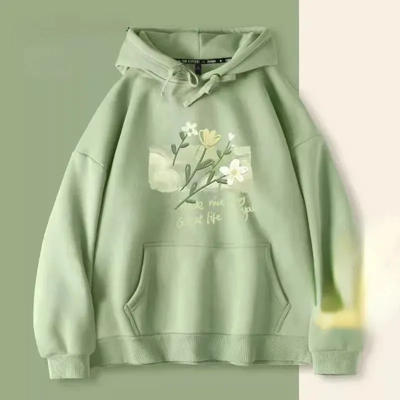 DAYIFUN Women's Korean Hoodie with Pocket Autumn Light Green Flower Printing Sweatshirts Solid Color Loose Casual Oversized Tops