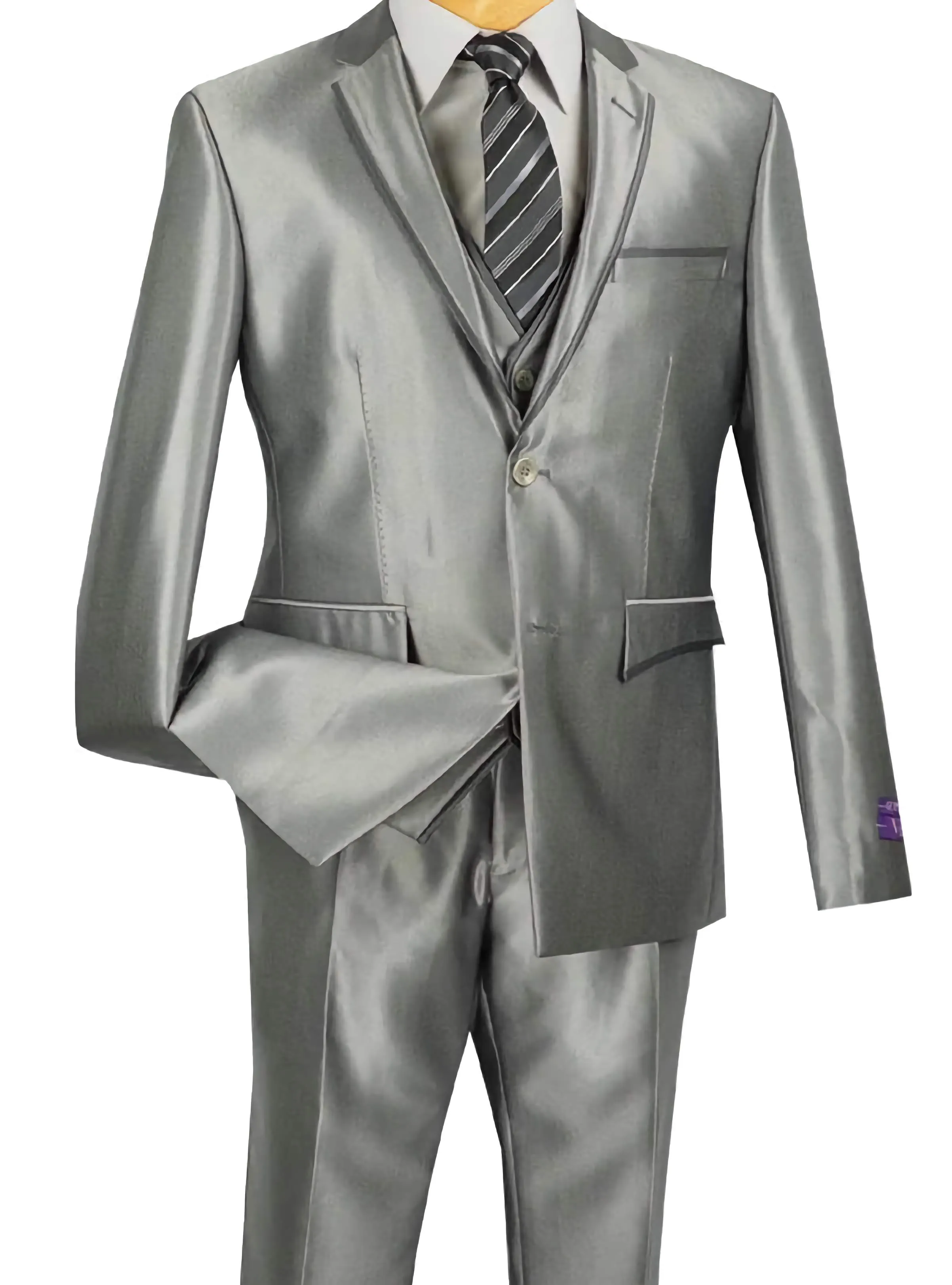 Designed Shiny Sharkskin Suit Ultra Slim Fit 3 Piece in Gray