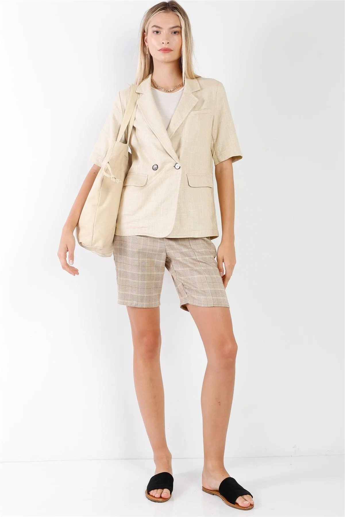 Ecru Linen Short Half-Sleeve Single-Breasted Blazer Jacket