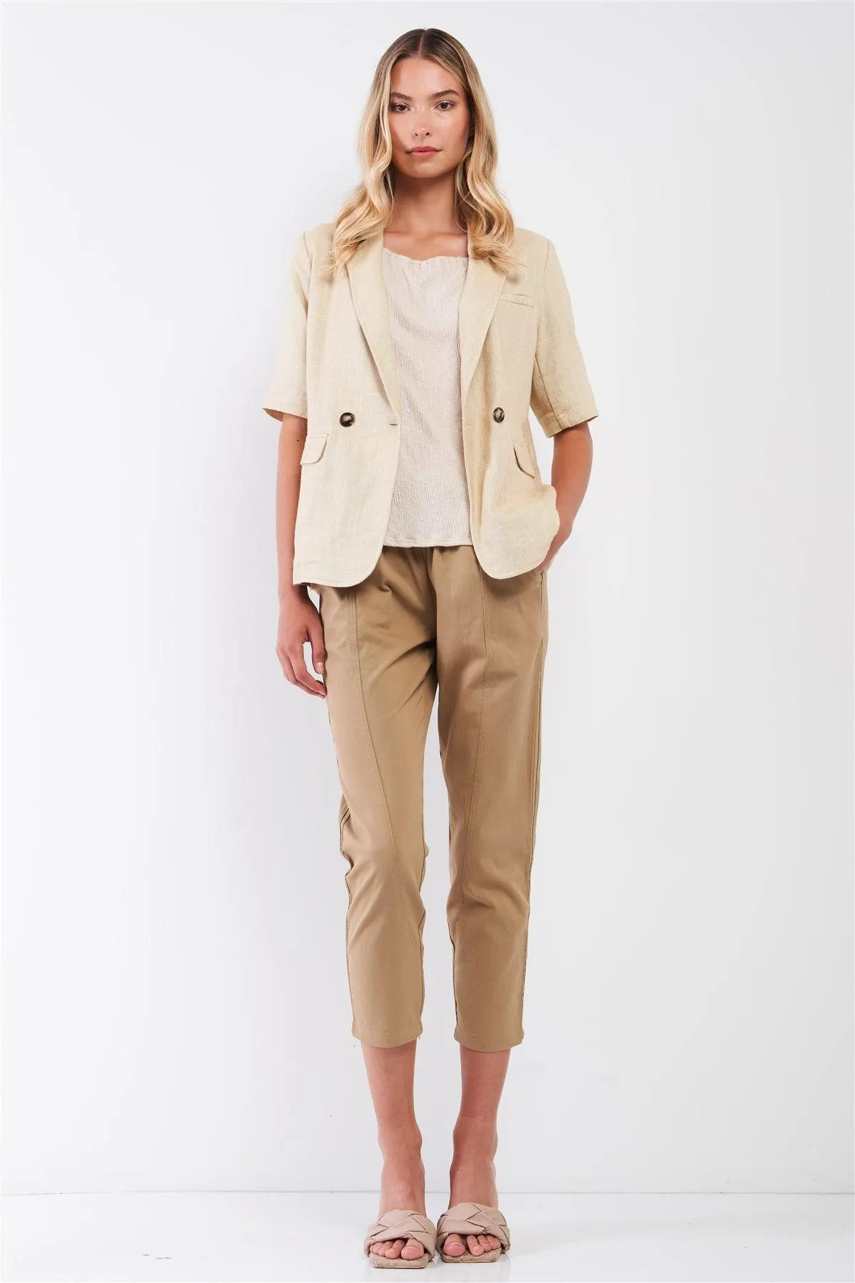 Ecru Linen Short Half-Sleeve Single-Breasted Blazer Jacket