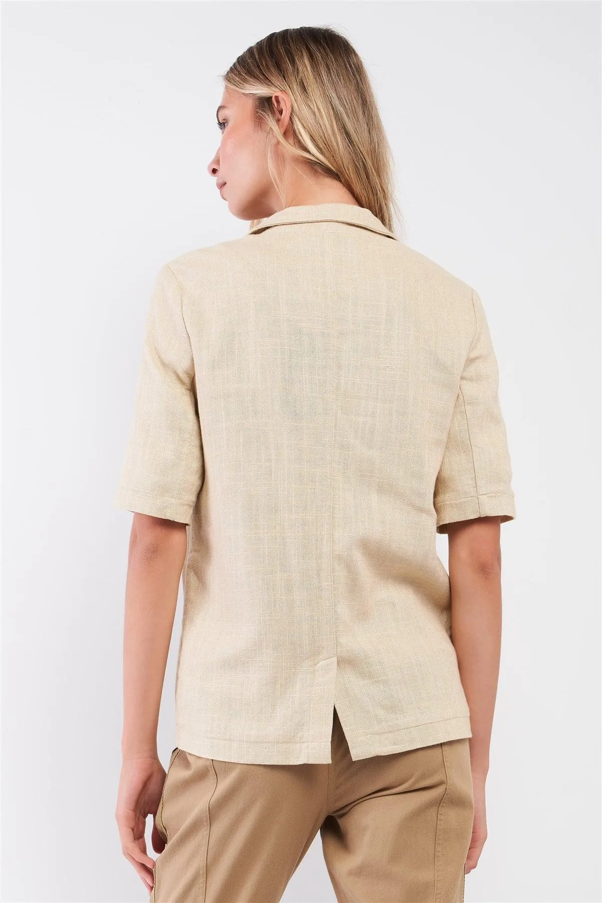 Ecru Linen Short Half-Sleeve Single-Breasted Blazer Jacket