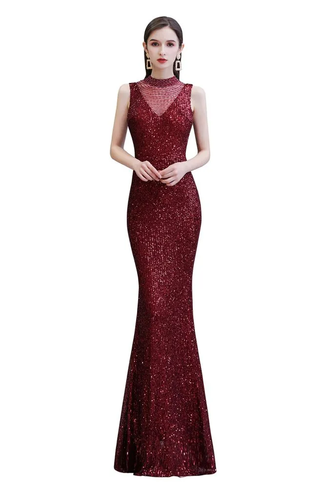 Elegant Illusion Neck Burgundy Sleeveless Mermaid Prom Dress