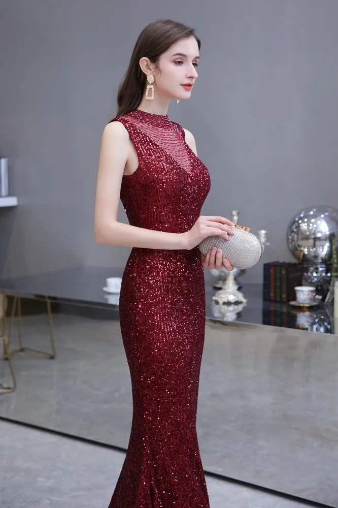 Elegant Illusion Neck Burgundy Sleeveless Mermaid Prom Dress