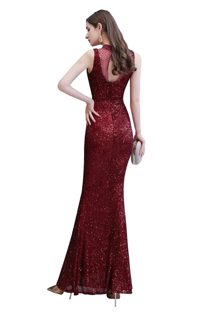 Elegant Illusion Neck Burgundy Sleeveless Mermaid Prom Dress