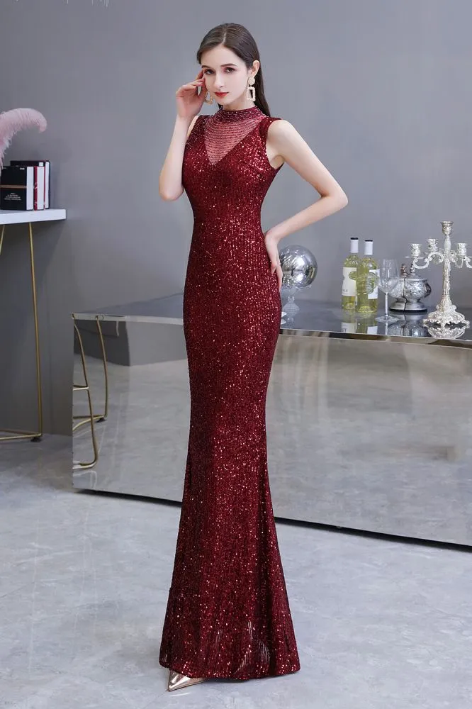 Elegant Illusion Neck Burgundy Sleeveless Mermaid Prom Dress