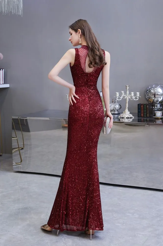 Elegant Illusion Neck Burgundy Sleeveless Mermaid Prom Dress